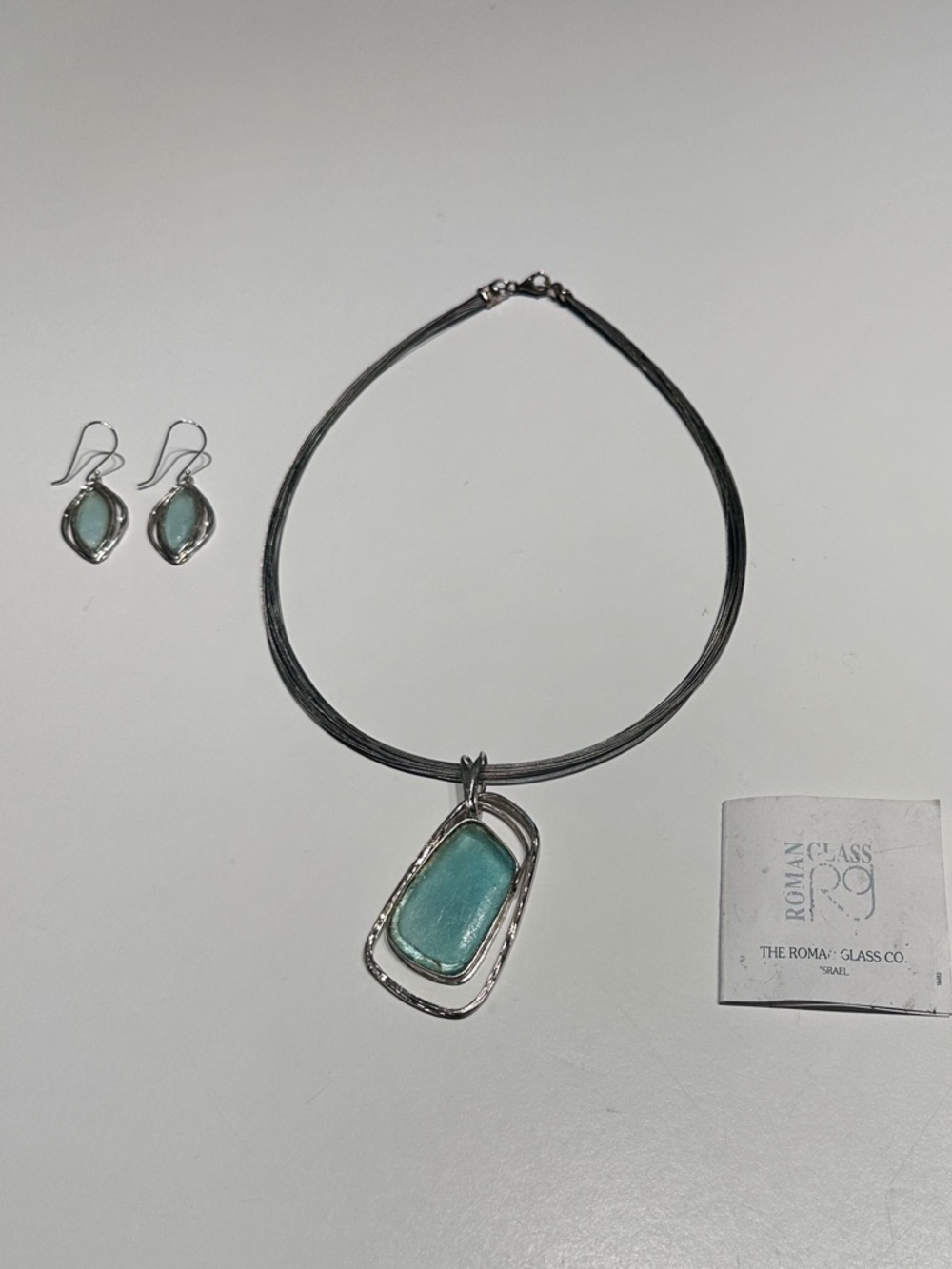 Ancient Aqua Roman Glass Pendant Necklace and Earring Set by Roman Glass